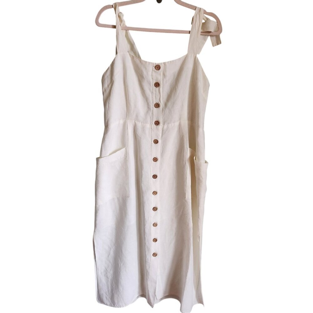 Emerson Fry Dress XL Ivory Women's Linen Blend Lillian Midi Button Front Smocked